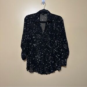 Rock & Republic Sheer Abstract Crinkle Button Up Shirt Metal Women Small Black